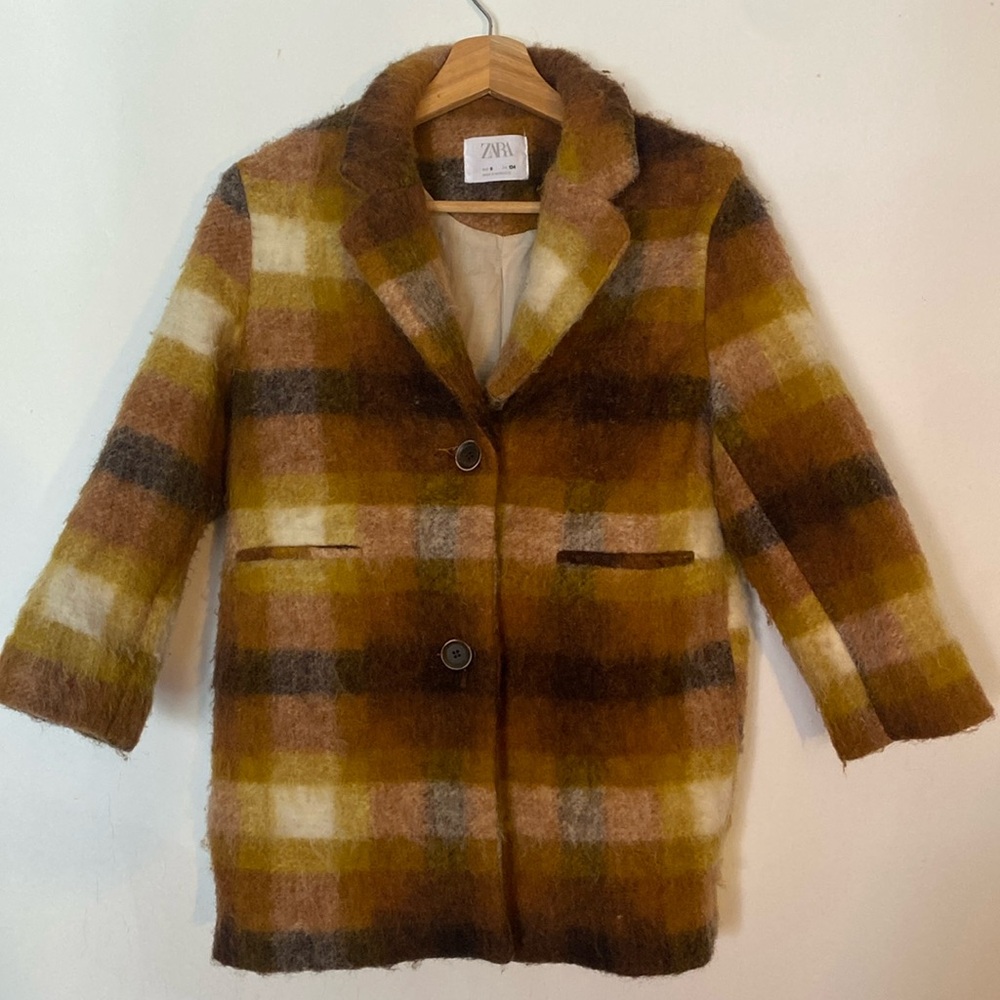 Zara Kids Brown and Cream Multicolored Plaid Coat
